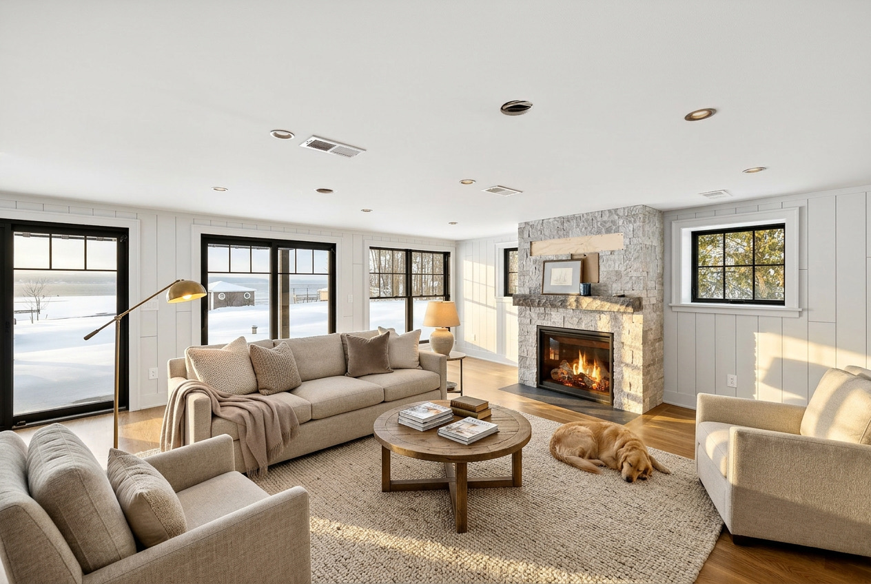 Virtually staged living room after digital furniture placement Syracuse NY